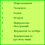 Подпись: ОбществознаниеГеометрияХимияИсторияИнформатика-ИностранныйФакультатив по алгебреФакультативы по русскому языку